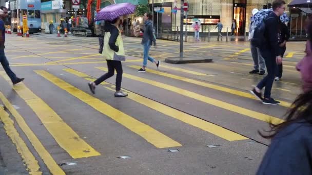 비가 오는 날에 쇼핑하는 사람들로 붐비는 거리 — 비디오