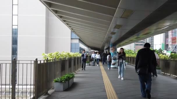 Asiáticos locais e turistas atravessando uma ponte pedonal em centra no dia chuvoso — Vídeo de Stock