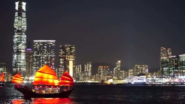 Hong Kong City Night View Mit Rotsegel Schrottboote — Stockvideo