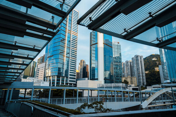 Hong Kong, China, 03 June 2019: Low Angle view of business buildings in Hong Kong
