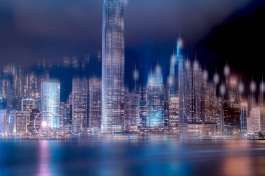 Gece Hong Kong şehir manzarası. Victoria Harbou 'Dan manzara
