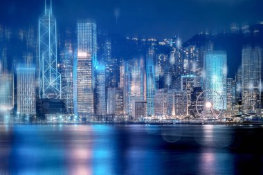 Gece Hong Kong şehir manzarası. Victoria Harbou 'Dan manzara