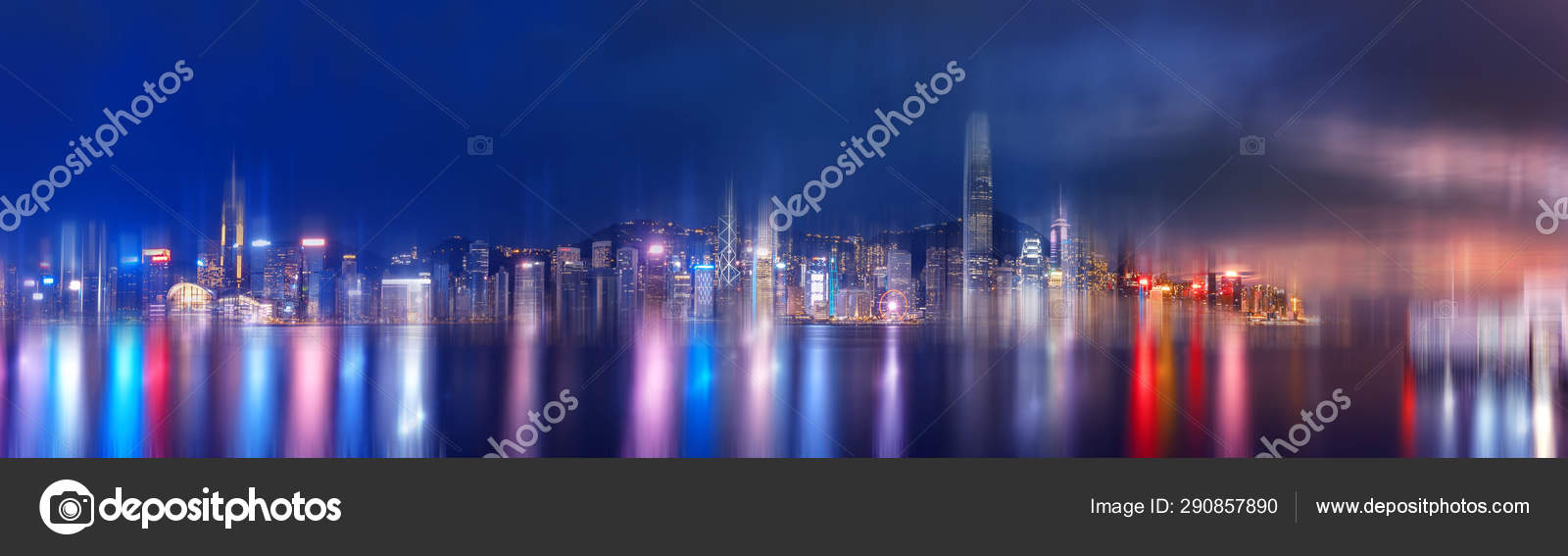 抽象散景灯与香港城市夜景背景双重曝光 图库照片 C Joey0304