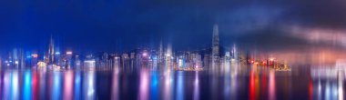 Hong Kong City gece görünümü arka plan ile Soyut bokeh ışık; Çift Pozlama