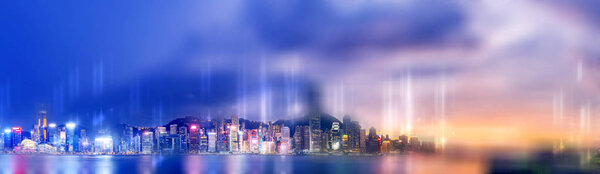 Abstract bokeh light with Hong Kong City night view background; Double Exposure