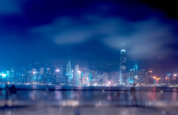 香港シティの夜景の背景を持つ抽象的なボケライト 二重露出 — ストック写真