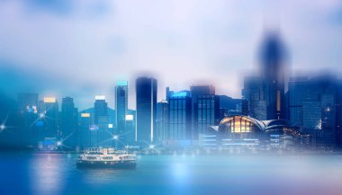 Hong Kong City gece görünümü arka plan ile Soyut bokeh ışık; Çift Pozlama