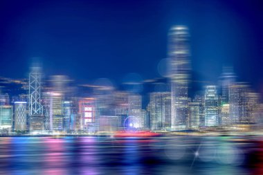 Hong Kong City gece görünümü arka plan ile Soyut bokeh ışık; Çift Pozlama