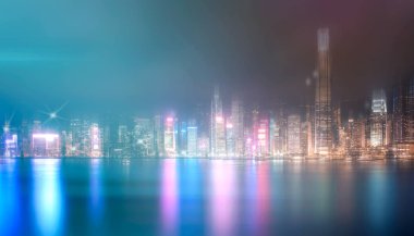 Hong Kong City gece görünümü arka plan ile Soyut bokeh ışık; Çift Pozlama