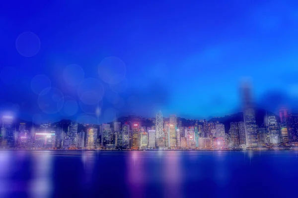 Абстрактне Світло Боке Гонконгський Нічний Погляд Міста Гонконг Подвійна Експозиція — стокове фото