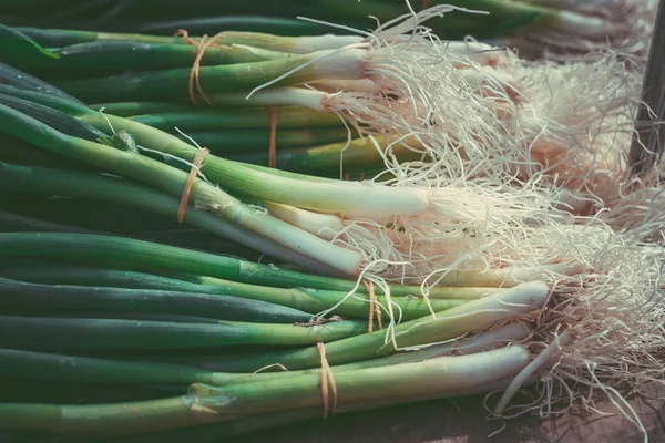Pazar pazarında taze taze soğan. Taze bahar soğan arka plan