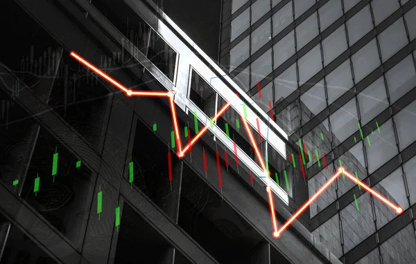 Gráfico de índice de existencias y gráfico en el fondo del edificio moderno (rojo b —  Fotos de Stock