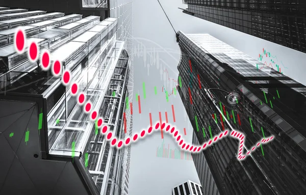 Grafico e grafico dell'indice azionario sullo sfondo dell'edificio moderno (rosso b — Foto Stock