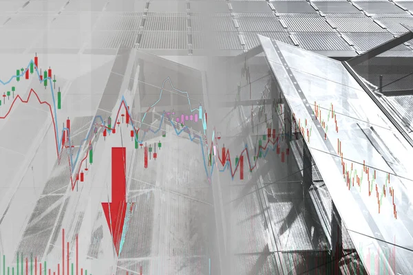 Wykres indeksu akcji i wykres w nowoczesnym tle budynku (czerwony b — Zdjęcie stockowe