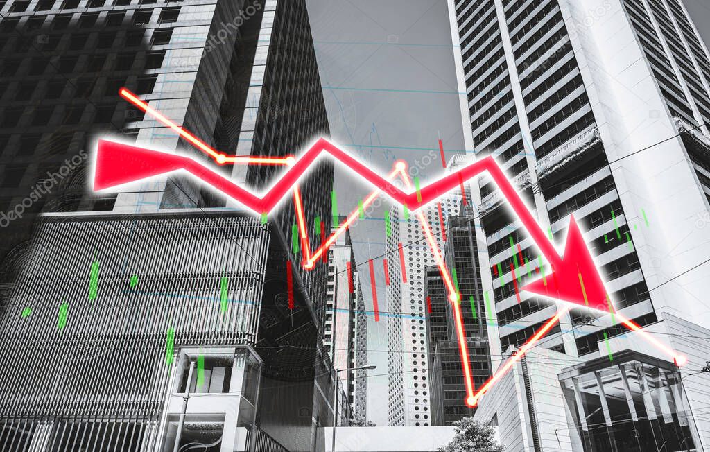 Stock index graph and chart in modern building background (red b