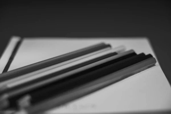 Kreslicí Tužky Dřevěným Stojanem Černobílý Styl — Stock fotografie