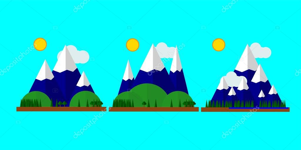 Summer vacation in the forest near the pond.Snowy mountains, lake with blue water, green pretty landscape, green hills.For logo, flat.