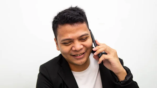 Portrait Happy Young Asian Businessman Smiling While Having Conversation Phone — Stock Photo, Image