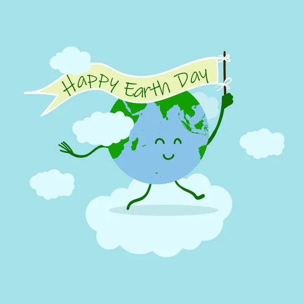 earth day illustration with happy earth character holding on happy earth day flag around illustration have cloud. happy earth day, 22 april. earth day logo, earth illustration. world map vector