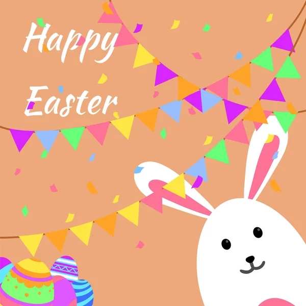 Carte de vœux de Pâques drôle et colorée et fête avec lapin, illustration de lapin, oeufs, bannière, drapeau, fête confettis et texte — Image vectorielle