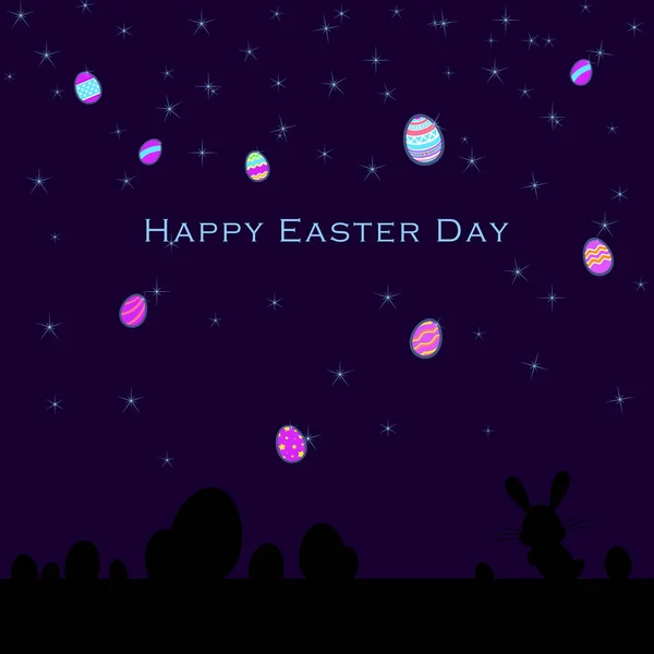 Legrační a pestrá velikonoční blahopřání s siluetou králíka, králíka, vajíček, hvězd a textu. lze použít pro velikonoční nápis a vesmírné téma — Stockový vektor