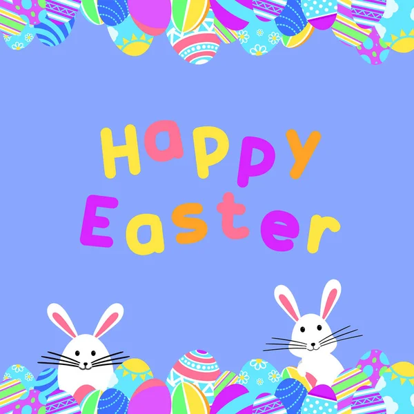 Carte de vœux de Pâques drôle et colorée avec lapin, illustration de lapin, œufs, bannière, drapeau et texte — Image vectorielle