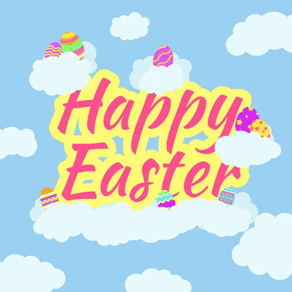 Carte de vœux de Pâques drôle et colorée avec illustration des œufs, des nuages et du texte — Image vectorielle