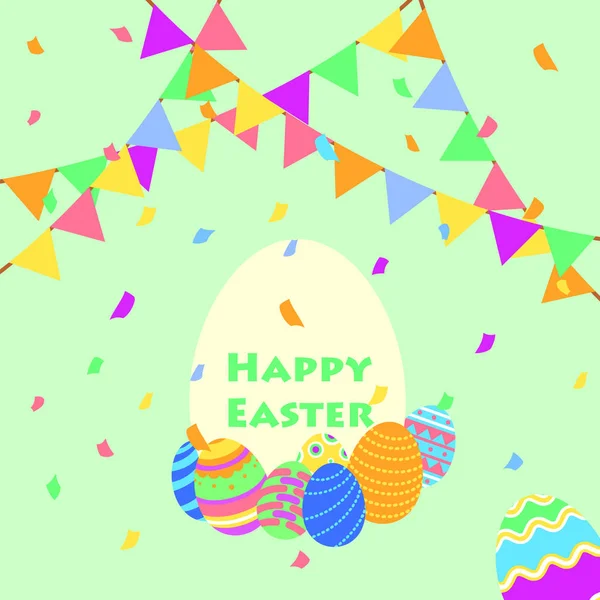 Funny and Colorful Happy Easter greeting, party card with illustration of eggs, banner, flag, confetti party and text — Stock Vector