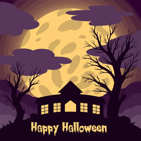 Abbandonare strega casa silhouette vettoriale illustrazione con la luce della luna per Halloween banner può anche utilizzare per i media social feed o storia — Vettoriale Stock