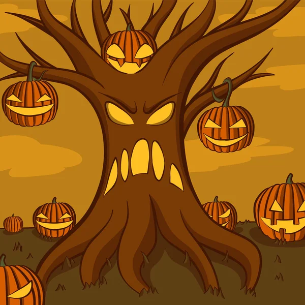 Tree monster och Jack o Lantern Vector illustration med månen ljus för Halloween banner också kan använda för Media Social feed eller Story — Stock vektor