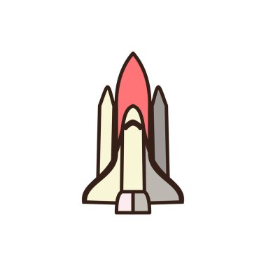 Krem renkli gövdesi, kırmızı burun konisi, krema ve gri kanatları ya da iticileri olan çizgi film tarzı bir uzay mekiği.