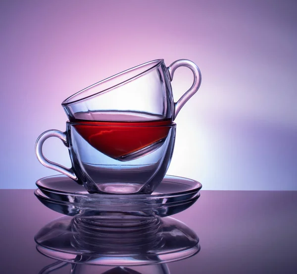 Set Glass Cups Tea Purple Lilac Background Concept — Stock Photo, Image