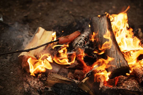 People fry sausages on an open fire — Stock Photo, Image