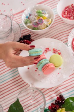 Fransız renkli makaronlar. Beyaz arka plan üzerinde renkli pastel macaroons. Pembe ve mavi makaronlar. Pembe ve beyaz natürmort