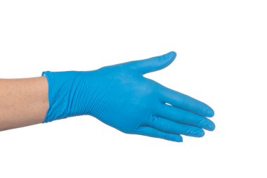 Beyaz arka planda, azot mavisi eldivende el sıkışma hareketi görülüyor.