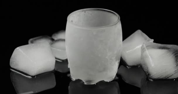 Vierta el vodka en un vaso helado con hielo colocado sobre un fondo negro — Vídeos de Stock