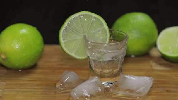 Despeje vodka ou tequila em copos de tiro com cubos de gelo — Vídeo de Stock