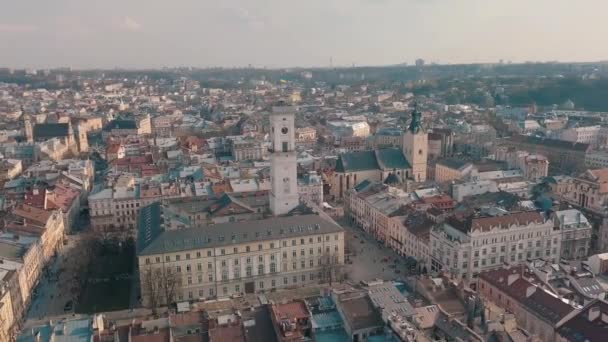 Techos Aéreos Calles Ciudad Vieja Lviv Ucrania Parte Central Ciudad — Vídeos de Stock