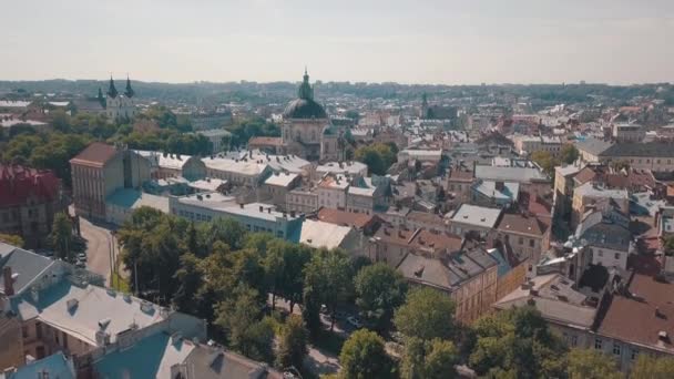 Antenowe Dachy Ulice Starego Miasta Lwowie Ukraina Centralnej Części Starego — Wideo stockowe