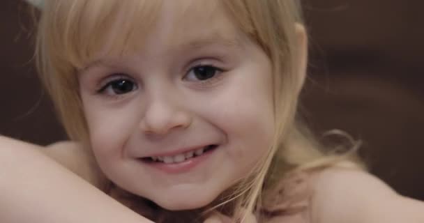 Happy Three Years Old Girl Cute Blonde Child Brown Eyes — Stock Video