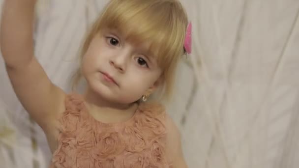 Happy Three Years Old Girl Make Faces Dancing Cute Blonde Stock