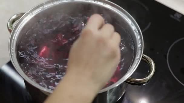 Revuelve las bayas en una olla con agua hirviendo. Cocinar compota. Cocina — Vídeos de Stock