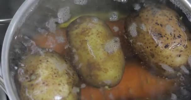 Sartén hirviendo caliente con verduras papas y zanahorias. Cocinar en la cocina — Vídeos de Stock