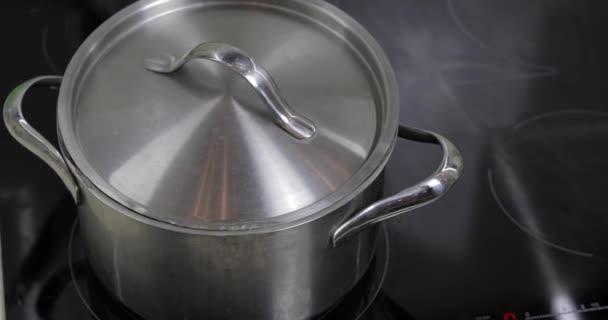 Boiling Water In The Pan that is covered with a lid in the kitchen — Stock Video