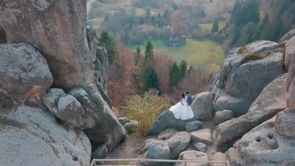 Newlyweds stand on a high slope of the mountain. Groom and bride. Arial view — Αρχείο Βίντεο