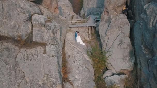 Newlyweds stand on a high slope of the mountain. Groom and bride. Arial view — ストック動画
