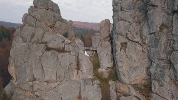 Newlyweds stand on a high slope of the mountain. Groom and bride. Arial view — Αρχείο Βίντεο