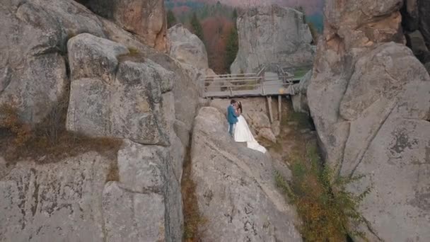 Молодожены стоят на высоком склоне горы. Жених и невеста. Arial view — стоковое видео