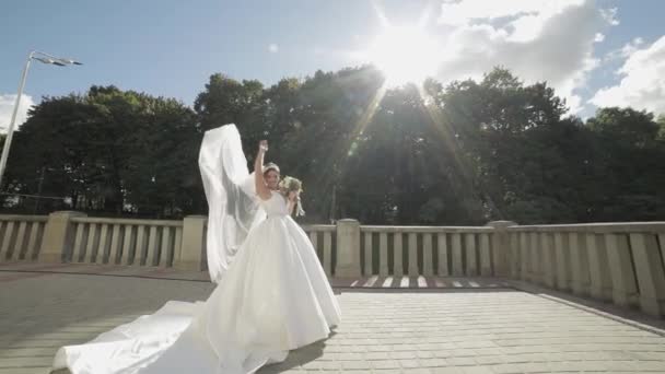 Όμορφη και όμορφη νύφη σε νυφικό και πέπλο σε ηλιακές ακτίνες. Αργή κίνηση — Αρχείο Βίντεο