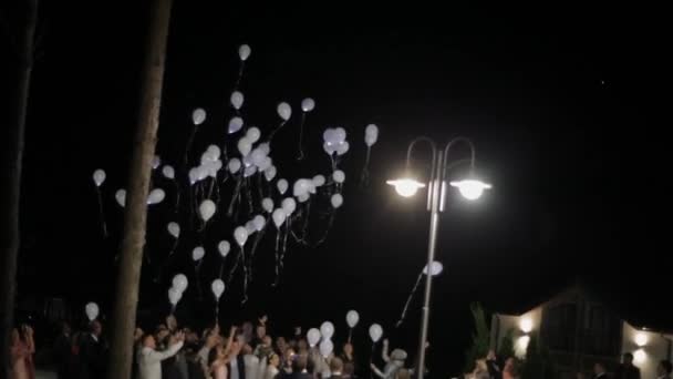 Τα μπαλόνια ηλίου που αναβοσβήνουν πετούν στον νυχτερινό ουρανό. Μπαλόνια στο γαμήλιο πάρτι — Αρχείο Βίντεο